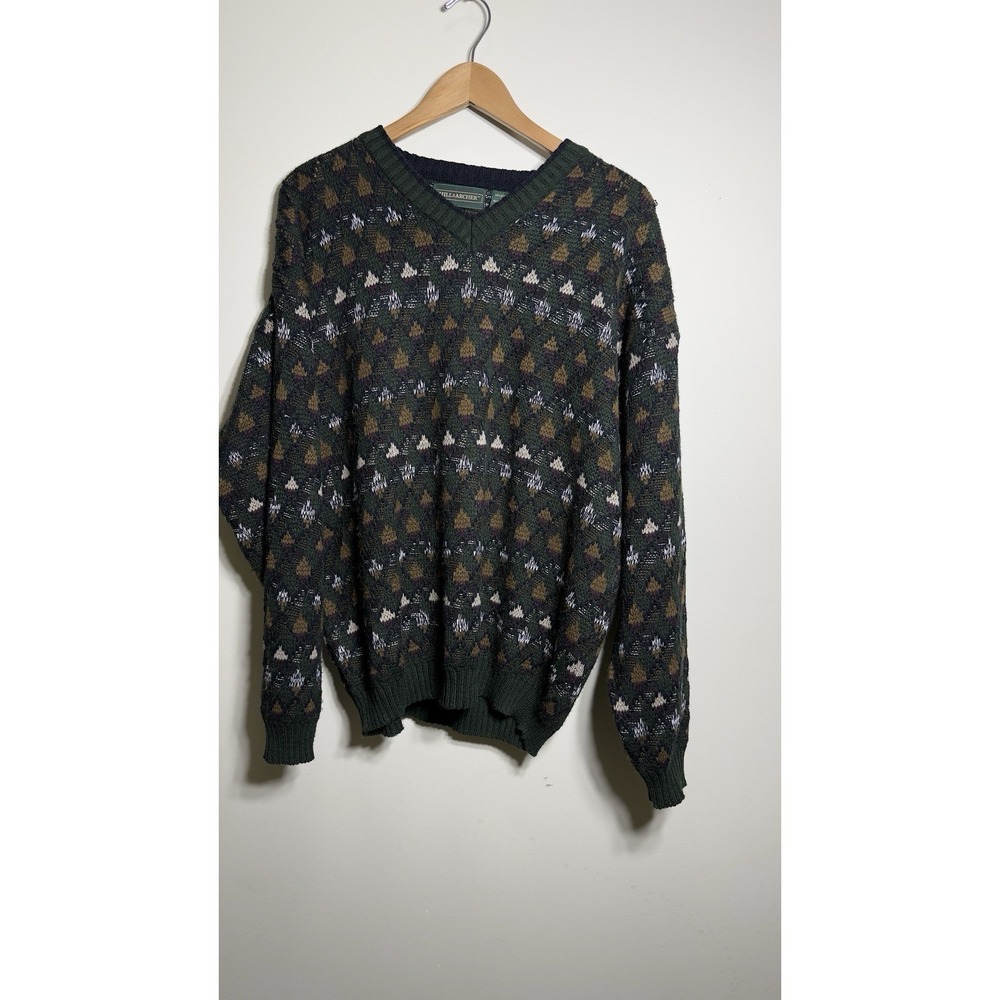 VTG Hill & Archer Sweater Mens L Green Geometric Knit V-Neck Acrylic Grandpacore